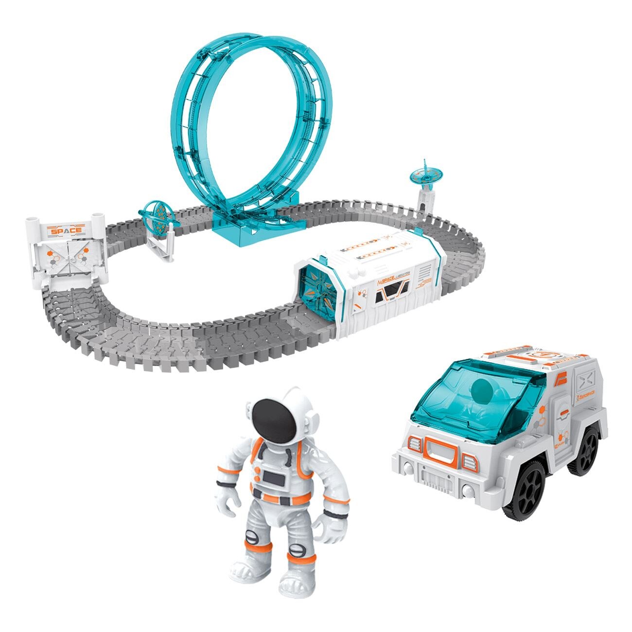 Pistă Auto Spațială pentru Copii 109 Piese – Circuit Flexibil cu Buclă 360°, Mașină cu Lumini, Astronaut și Stație Spațială – Joc DIY Creativ
