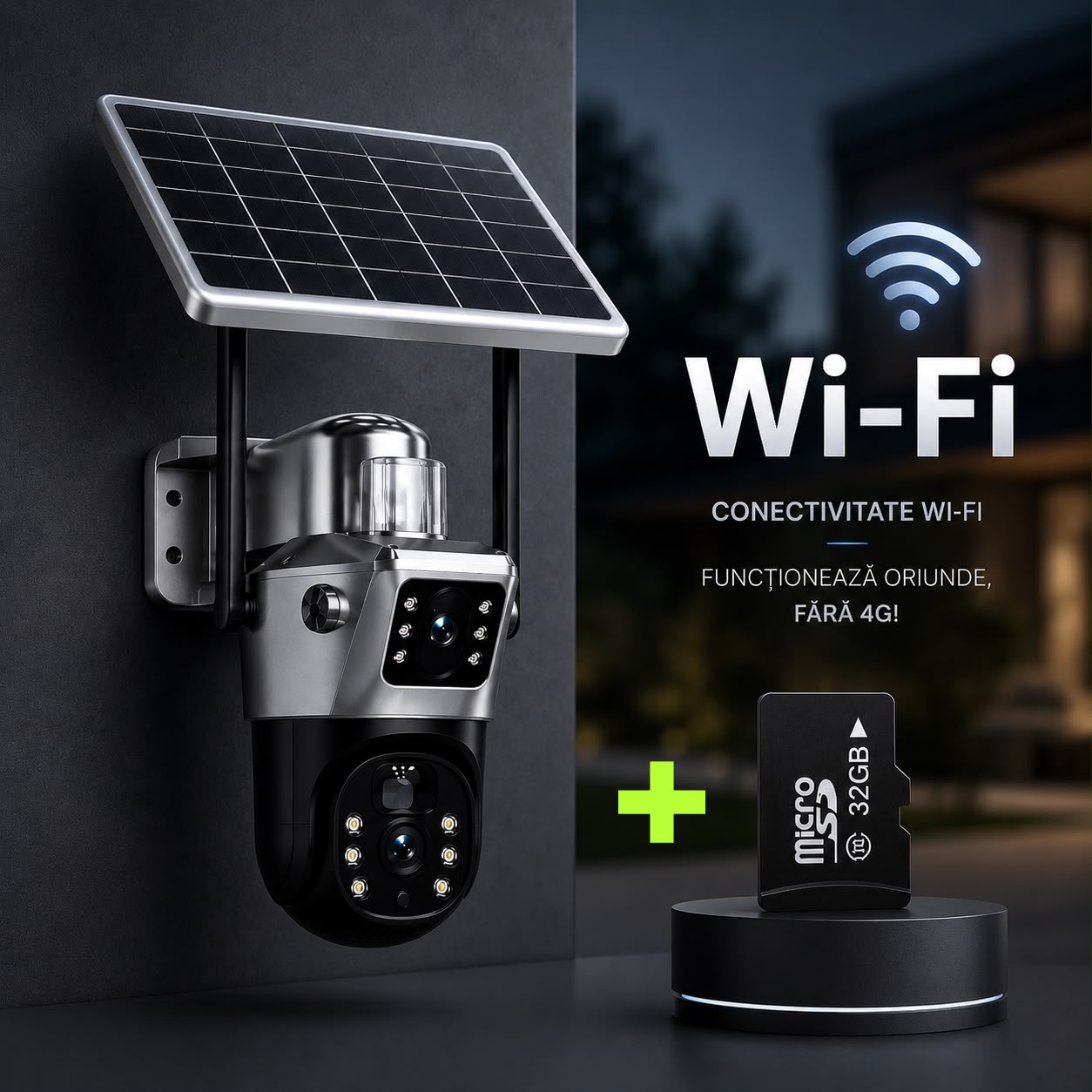 Cameră Supraveghere 4K cu Panou Solar – Dublă Lentilă, 360°, Zoom 10X, Card 32GB inclus — WiFi