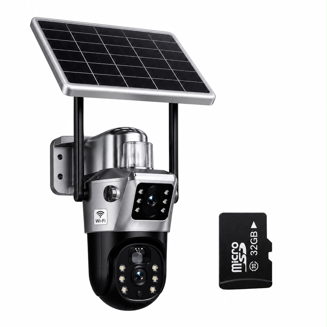 Cameră Supraveghere 4K cu Panou Solar – Dublă Lentilă, 360°, Zoom 10X, Card 32GB inclus — WiFi