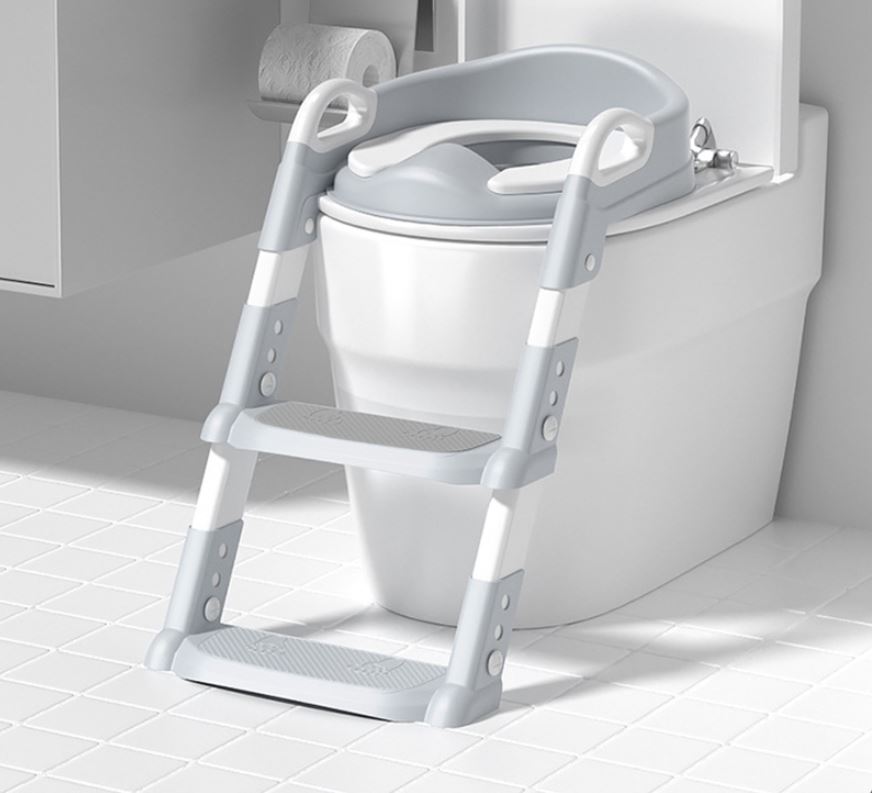 Scaun toaletă copii cu scară pliabil, reductor WC cu spătar și mânere, anti-alunecare – antrenament oliță, design ergonomic — Gri