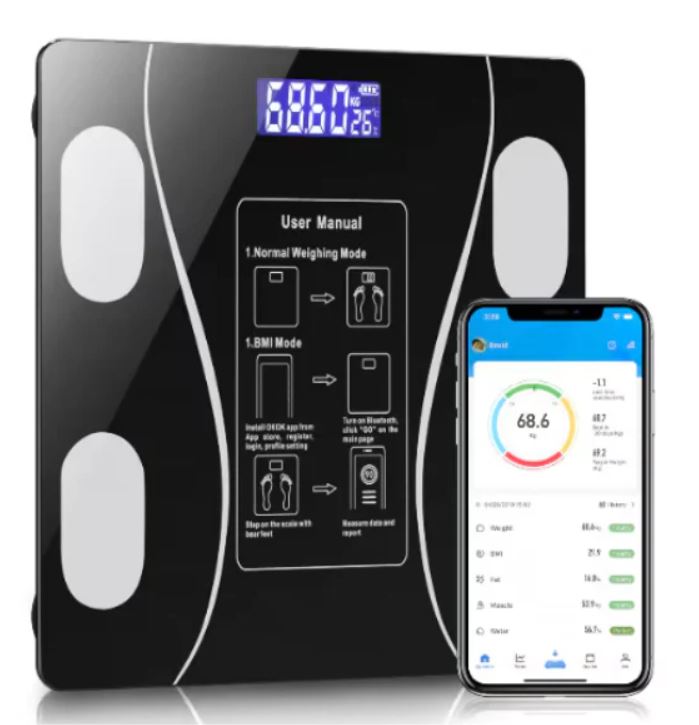 Cântar Inteligent cu Bluetooth, Afișaj Lcd, Sticlă Securizată – Analiză Indici Corporali & Monitorizare în Aplicație