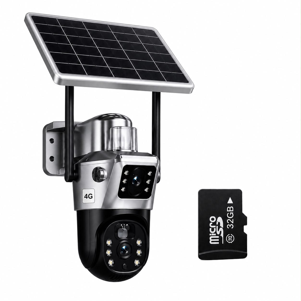 Cameră Supraveghere 4K cu Panou Solar – Dublă Lentilă, 360°, Zoom 10X, Card 32GB inclus — 4G (SIM)
