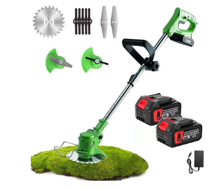 Motocoasă electrică fără fir 48V, 18000 Rpm, 2 acumulatori, disc și 3 tipuri lame, autonomie mare, mâner telescopic reglabil, accesorii incluse