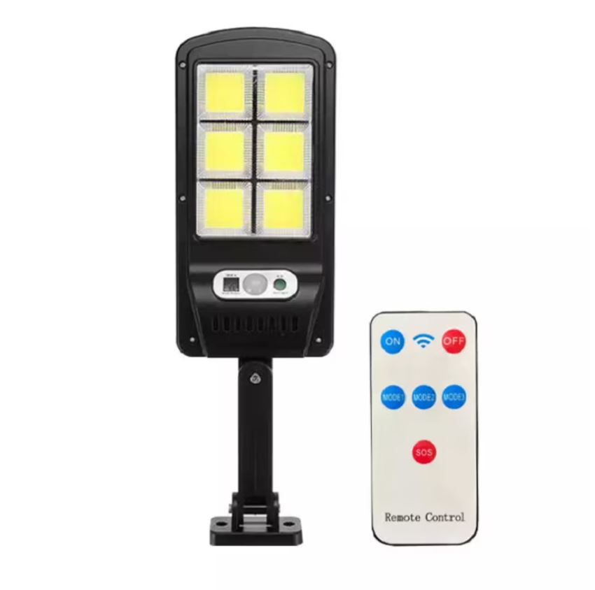 Lampă Solară Stradală 120 Led cu Senzor de Mișcare, Telecomandă și Brat de Montare – 3 Moduri de Iluminare, IP65, Negru